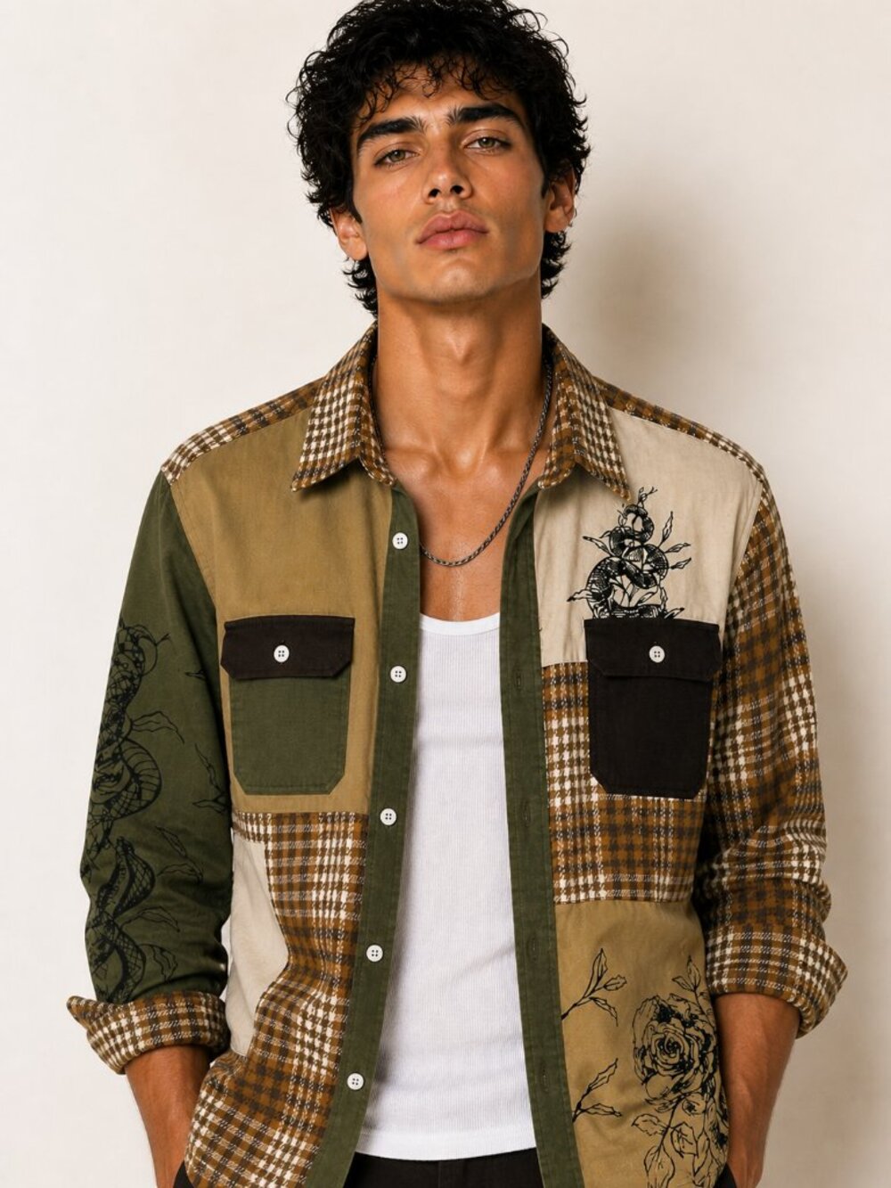 Patchwork Shirt Jacket Graphic Overshirt Brown Green Button Up Nova Men Size 2XL